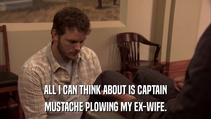 ALL I CAN THINK ABOUT IS CAPTAIN MUSTACHE PLOWING MY EX-WIFE. 