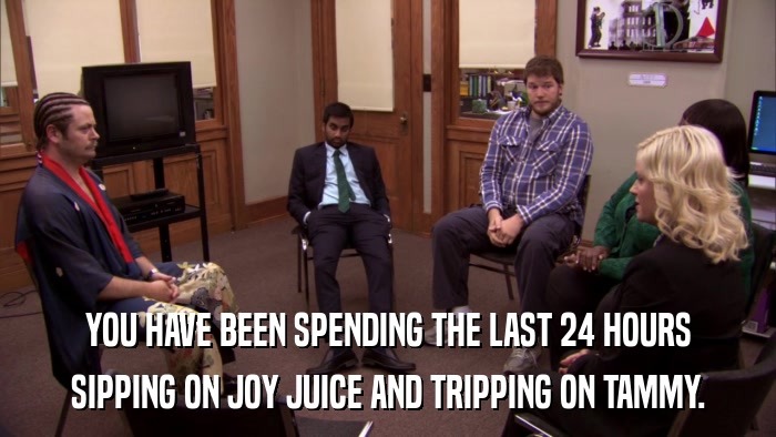 YOU HAVE BEEN SPENDING THE LAST 24 HOURS SIPPING ON JOY JUICE AND TRIPPING ON TAMMY. 