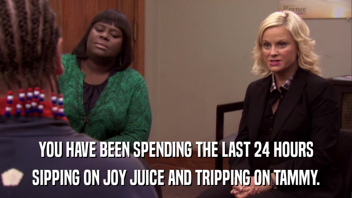 YOU HAVE BEEN SPENDING THE LAST 24 HOURS SIPPING ON JOY JUICE AND TRIPPING ON TAMMY. 