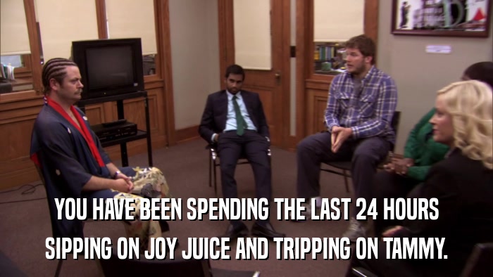 YOU HAVE BEEN SPENDING THE LAST 24 HOURS SIPPING ON JOY JUICE AND TRIPPING ON TAMMY. 