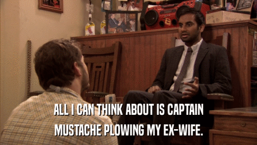 ALL I CAN THINK ABOUT IS CAPTAIN MUSTACHE PLOWING MY EX-WIFE. 