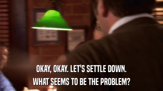 OKAY, OKAY. LET'S SETTLE DOWN. WHAT SEEMS TO BE THE PROBLEM? 