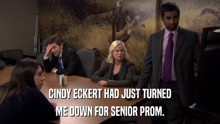 CINDY ECKERT HAD JUST TURNED ME DOWN FOR SENIOR PROM. 