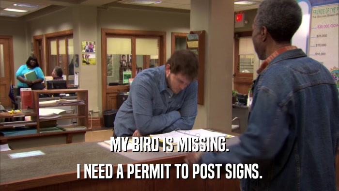 MY BIRD IS MISSING. I NEED A PERMIT TO POST SIGNS. 