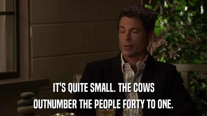 IT'S QUITE SMALL. THE COWS OUTNUMBER THE PEOPLE FORTY TO ONE. 
