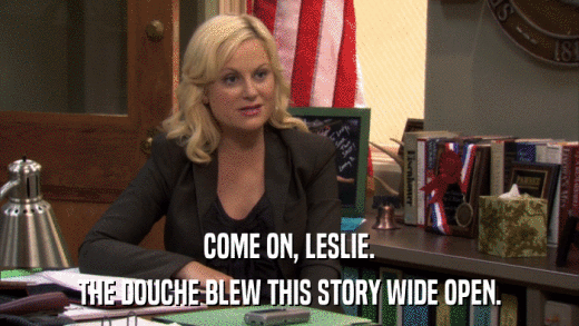 COME ON, LESLIE. THE DOUCHE BLEW THIS STORY WIDE OPEN. 