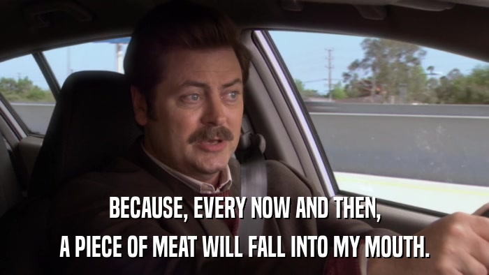 BECAUSE, EVERY NOW AND THEN, A PIECE OF MEAT WILL FALL INTO MY MOUTH. 
