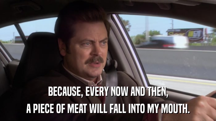BECAUSE, EVERY NOW AND THEN, A PIECE OF MEAT WILL FALL INTO MY MOUTH. 