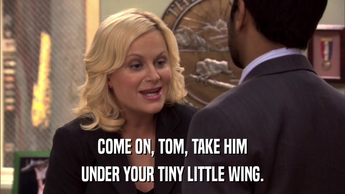 COME ON, TOM, TAKE HIM UNDER YOUR TINY LITTLE WING. 