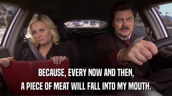 BECAUSE, EVERY NOW AND THEN, A PIECE OF MEAT WILL FALL INTO MY MOUTH. 