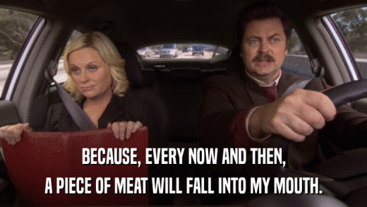 BECAUSE, EVERY NOW AND THEN, A PIECE OF MEAT WILL FALL INTO MY MOUTH. 