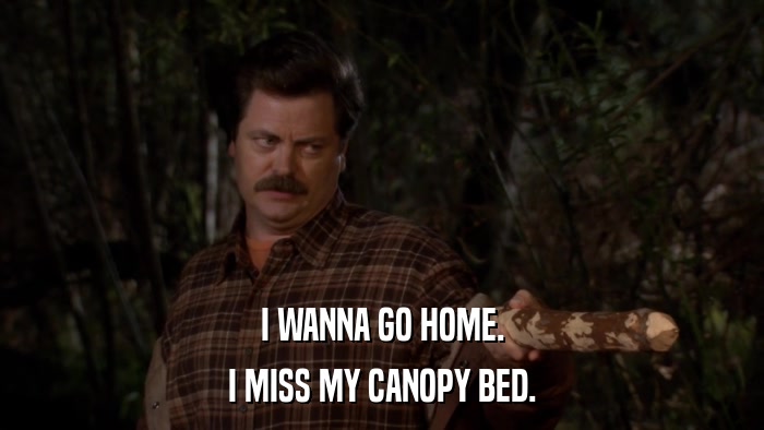 I WANNA GO HOME. I MISS MY CANOPY BED. 