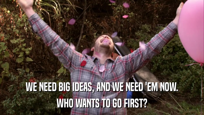 WE NEED BIG IDEAS, AND WE NEED 'EM NOW. WHO WANTS TO GO FIRST? 