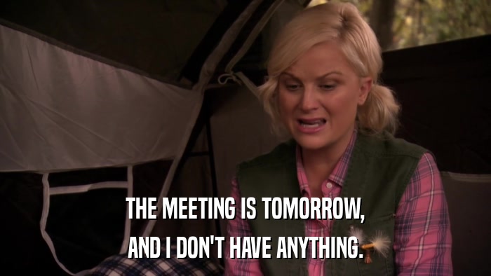 THE MEETING IS TOMORROW, AND I DON'T HAVE ANYTHING. 