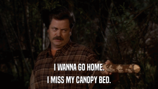 I WANNA GO HOME. I MISS MY CANOPY BED. 