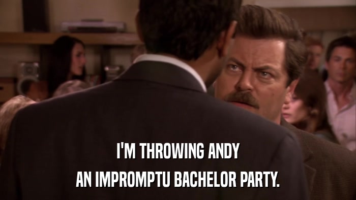 I'M THROWING ANDY AN IMPROMPTU BACHELOR PARTY. 