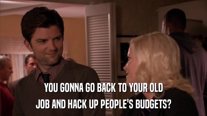 YOU GONNA GO BACK TO YOUR OLD JOB AND HACK UP PEOPLE'S BUDGETS? 