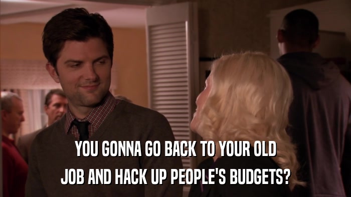 YOU GONNA GO BACK TO YOUR OLD JOB AND HACK UP PEOPLE'S BUDGETS? 