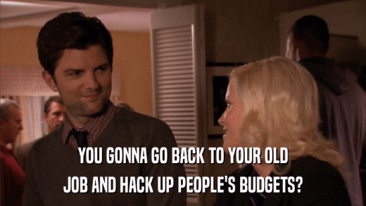 YOU GONNA GO BACK TO YOUR OLD JOB AND HACK UP PEOPLE'S BUDGETS? 