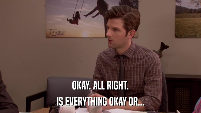 OKAY. ALL RIGHT. IS EVERYTHING OKAY OR... 