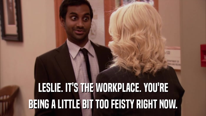 LESLIE. IT'S THE WORKPLACE. YOU'RE BEING A LITTLE BIT TOO FEISTY RIGHT NOW. 