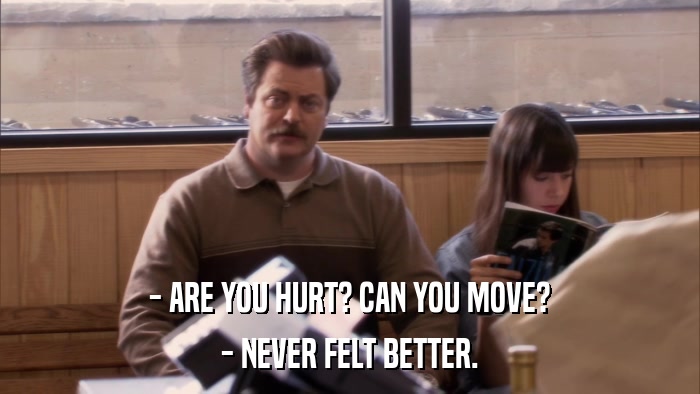 - ARE YOU HURT? CAN YOU MOVE? - NEVER FELT BETTER. 