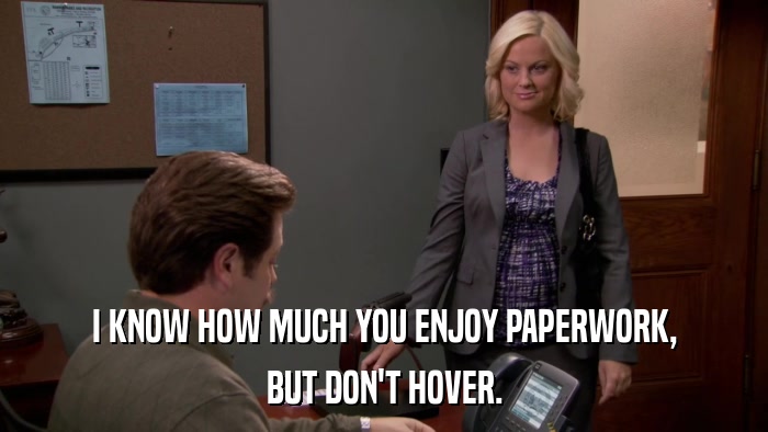 I KNOW HOW MUCH YOU ENJOY PAPERWORK, BUT DON'T HOVER. 