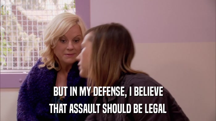 BUT IN MY DEFENSE, I BELIEVE THAT ASSAULT SHOULD BE LEGAL 