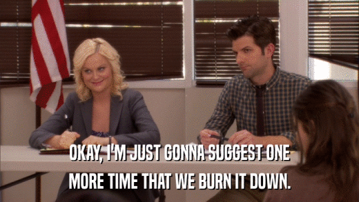 OKAY, I'M JUST GONNA SUGGEST ONE MORE TIME THAT WE BURN IT DOWN. 