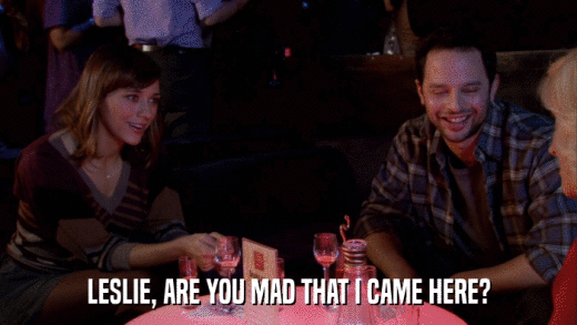 LESLIE, ARE YOU MAD THAT I CAME HERE?  