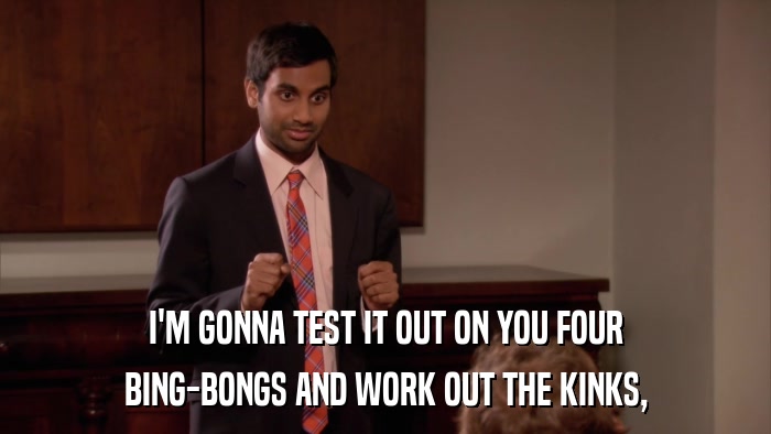 I'M GONNA TEST IT OUT ON YOU FOUR BING-BONGS AND WORK OUT THE KINKS, 