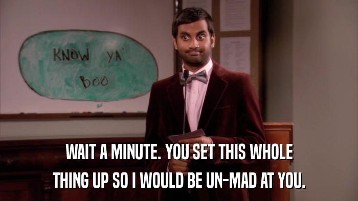 WAIT A MINUTE. YOU SET THIS WHOLE THING UP SO I WOULD BE UN-MAD AT YOU. 