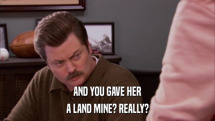 AND YOU GAVE HER A LAND MINE? REALLY? 