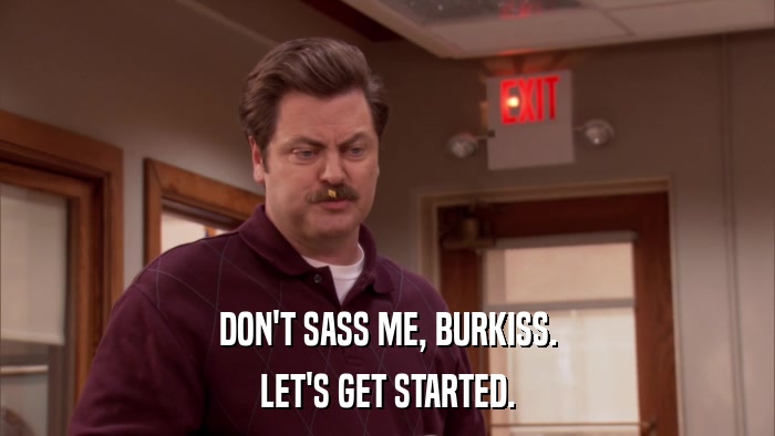 DON'T SASS ME, BURKISS. LET'S GET STARTED. 