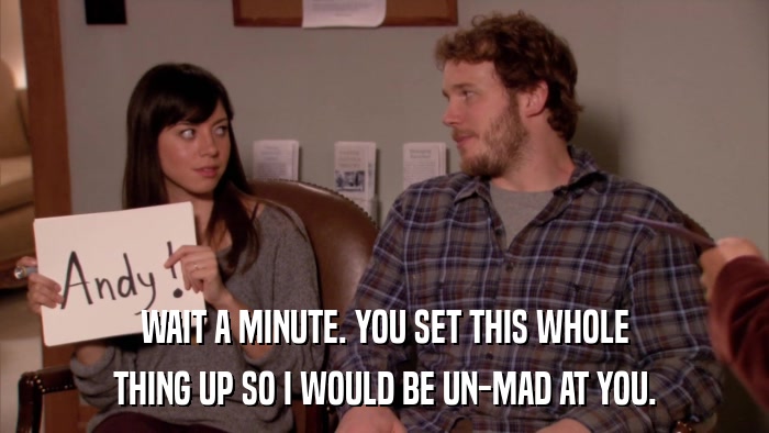 WAIT A MINUTE. YOU SET THIS WHOLE THING UP SO I WOULD BE UN-MAD AT YOU. 