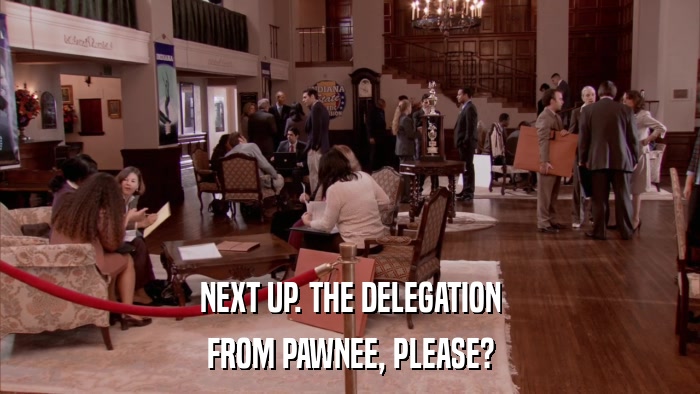 NEXT UP. THE DELEGATION FROM PAWNEE, PLEASE? 