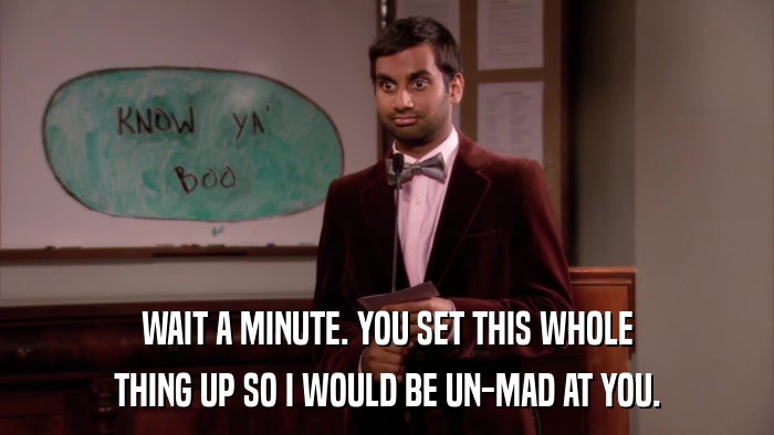 WAIT A MINUTE. YOU SET THIS WHOLE THING UP SO I WOULD BE UN-MAD AT YOU. 