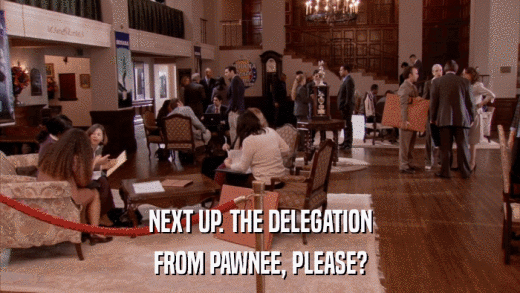 NEXT UP. THE DELEGATION FROM PAWNEE, PLEASE? 