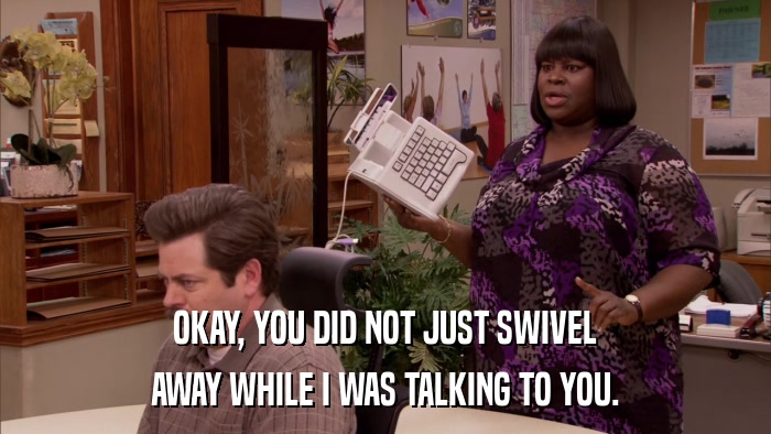 OKAY, YOU DID NOT JUST SWIVEL AWAY WHILE I WAS TALKING TO YOU. 