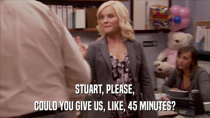 STUART, PLEASE, COULD YOU GIVE US, LIKE, 45 MINUTES? 