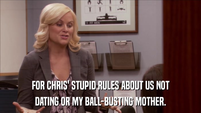 FOR CHRIS' STUPID RULES ABOUT US NOT DATING OR MY BALL-BUSTING MOTHER. 