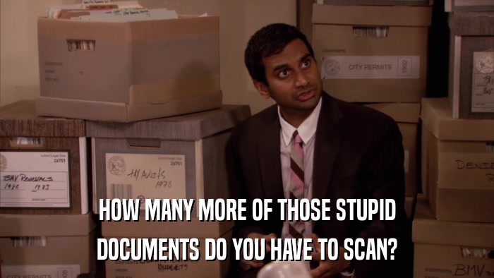 HOW MANY MORE OF THOSE STUPID DOCUMENTS DO YOU HAVE TO SCAN? 