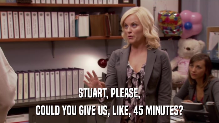 STUART, PLEASE, COULD YOU GIVE US, LIKE, 45 MINUTES? 