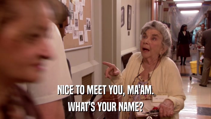 NICE TO MEET YOU, MA'AM. WHAT'S YOUR NAME? 