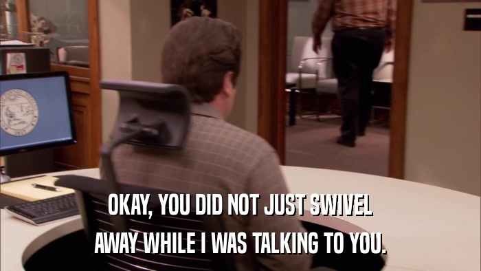 OKAY, YOU DID NOT JUST SWIVEL AWAY WHILE I WAS TALKING TO YOU. 