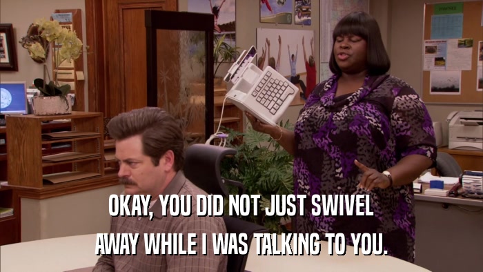 OKAY, YOU DID NOT JUST SWIVEL AWAY WHILE I WAS TALKING TO YOU. 