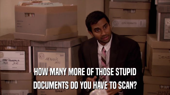 HOW MANY MORE OF THOSE STUPID DOCUMENTS DO YOU HAVE TO SCAN? 