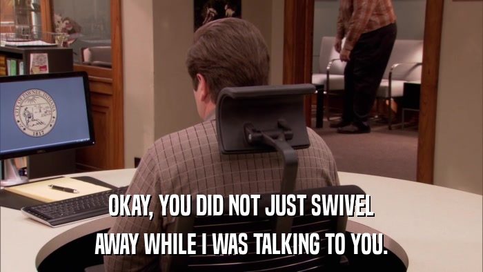 OKAY, YOU DID NOT JUST SWIVEL AWAY WHILE I WAS TALKING TO YOU. 