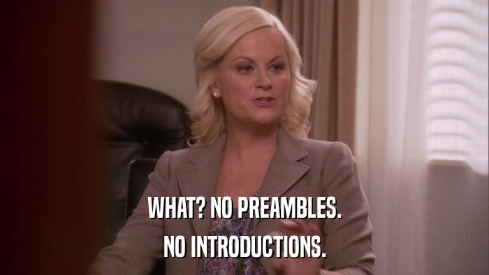 WHAT? NO PREAMBLES. NO INTRODUCTIONS. 