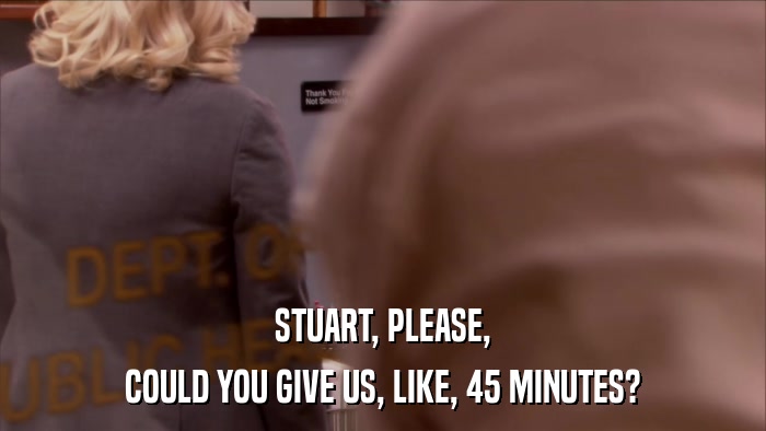 STUART, PLEASE, COULD YOU GIVE US, LIKE, 45 MINUTES? 